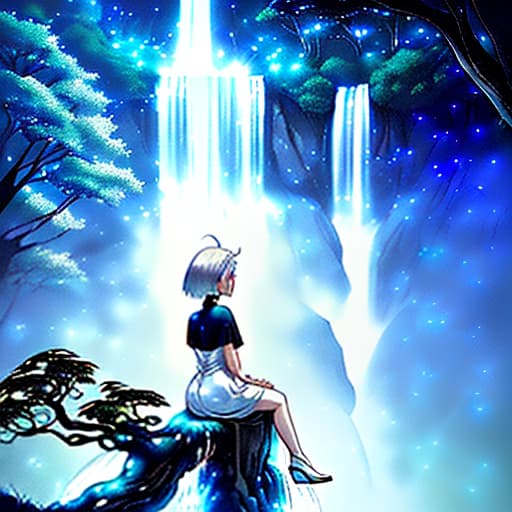  night. you can see the stars in the sky. a white haired girl, turned with her back, with a haircut and a white dress, sits near a large tree with glowing leaves and looks at a high waterfall with glowing blue water. fireflies fly nearby