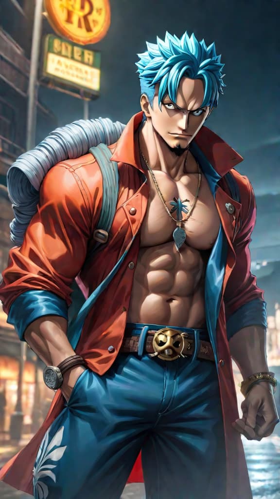  create an anime art of franky (one piece) holding the pluton blueprints entrusted by tom. hyperrealistic, full body, detailed clothing, highly detailed, cinematic lighting, stunningly beautiful, intricate, sharp focus, f/1. 8, 85mm, (centered image composition), (professionally color graded), ((bright soft diffused light)), volumetric fog, trending on instagram, trending on tumblr, HDR 4K, 8K