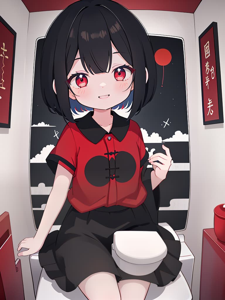  hanako in the toilet, black bob, toilet, dubious atmosphere, youkai, red white shirt, bewitching smile, dark night, masterpiece, best quality,8k,ultra detailed,high resolution,an extremely delicate and beautiful,hyper detail