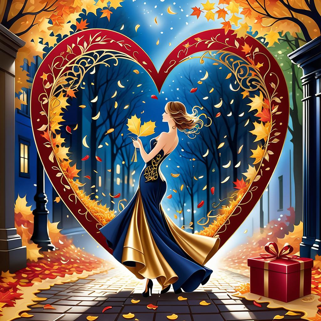  luxury product style on a carpet of yellow leaves in a simple dress of wind given crepe autumn danced a waltz boston in an alleyway. the warm day flew away and the saxophone sang hoarsely. (background of the card): falling autumn leaves, a whirlwind of autumn leaves, wind saxophone, ((a box of chocolates, the inscription "autumn waltz")) , a greeting card. (heart), a beautiful figure made of contours in the shape of a heart. (heart colour): night sky background, stars, gold pattern. (style):fantasy, autumn art, autumn romance. (colours):gold, green gold, navy blue, red, red gold, brown gold, silver, golden blue, bluish blue, dark blue on gold . elegant, sophisticated, high end, luxurious, professional, highly detailed