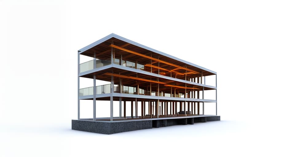 mdjrny-v4 style architectural, high quality, exterior perspective, 3 story mixed wood and steel office building, building is floating at sea, weather is rainy