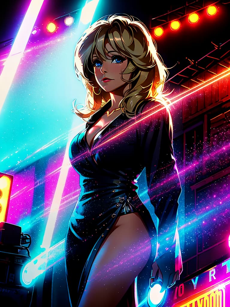  Country singer Barbara Mandrell, medium shot, upper body, spotlight, long exposure lighting, street art style spray paint, glamour lighting