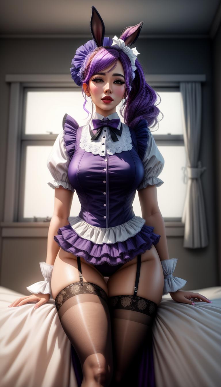  syringe, maid, violet, big bow, eye mask, drooping ear rabbit hyperrealistic, full body, detailed clothing, highly detailed, cinematic lighting, stunningly beautiful, intricate, sharp focus, f/1. 8, 85mm, (centered image composition), (professionally color graded), ((bright soft diffused light)), volumetric fog, trending on instagram, trending on tumblr, HDR 4K, 8K