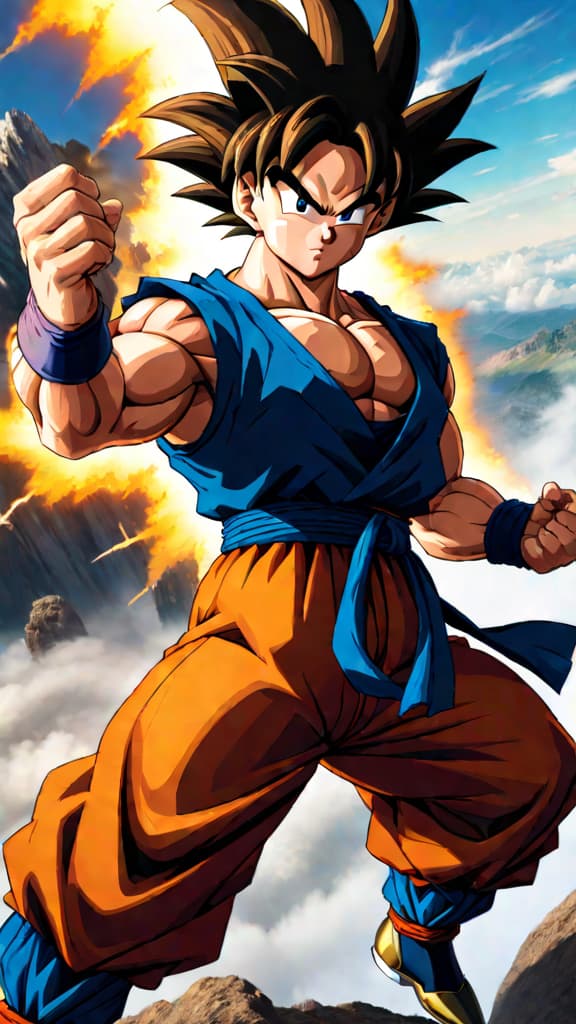  anime art: goku from dragon ball z unleashing his full power, capable of destroying earth. hyperrealistic, full body, detailed clothing, highly detailed, cinematic lighting, stunningly beautiful, intricate, sharp focus, f/1. 8, 85mm, (centered image composition), (professionally color graded), ((bright soft diffused light)), volumetric fog, trending on instagram, trending on tumblr, HDR 4K, 8K