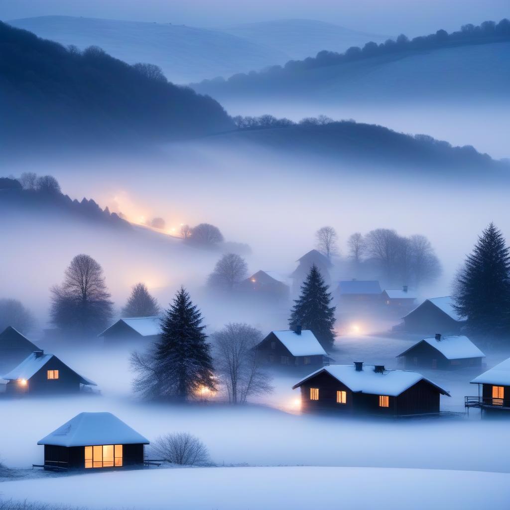  Village life: houses with smoke from chimneys, white fog over the village, stars are visible above the fog at dusk