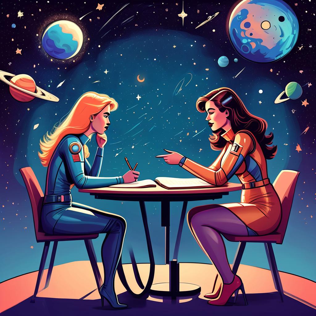  two female writers sit opposite each other and discuss a new story, around space, stars, planets, in the style of comics