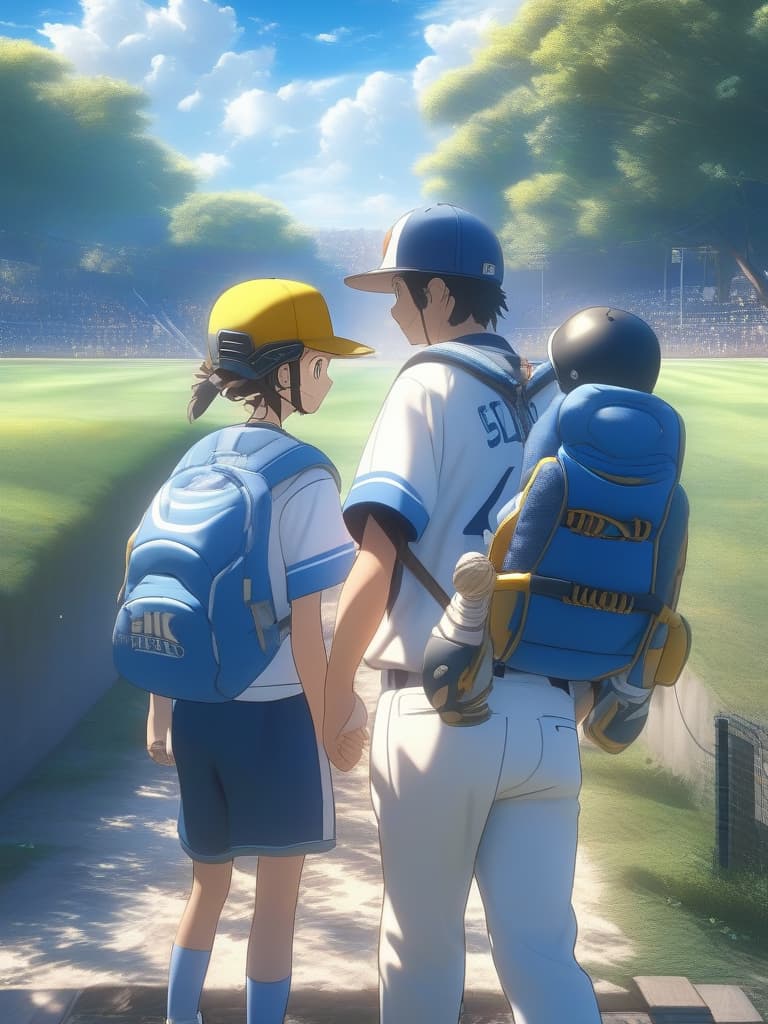  baseball boy, the sky is sunny, two people are crossing their shoulders, masterpiece, best quality,8k,ultra detailed,high resolution,an extremely delicate and beautiful,hyper detail