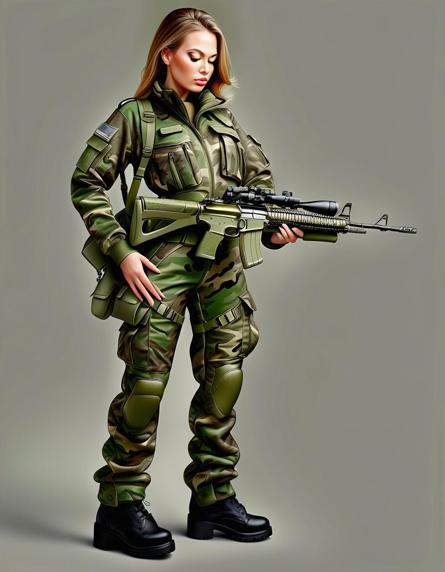  breathtaking please make detailed art of women in camouflage suit . award winning, professional, highly detailed