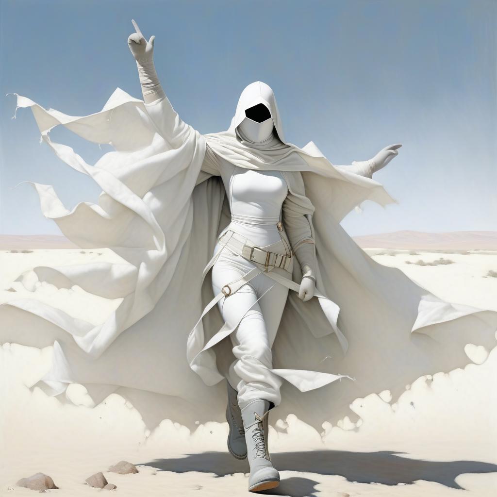  a very thin girl with a black spot instead of a face, with a white scarf on the lower part of her face, in a white reap suit of white bandages, in white gloves with natural fingers, in a white ragged cloak, with large round holes throughout the area of the cloak, in laced grey shoes. hands up. a pointed hood. large square silver buckles. three wide belts on the belt. gray laced shoes.