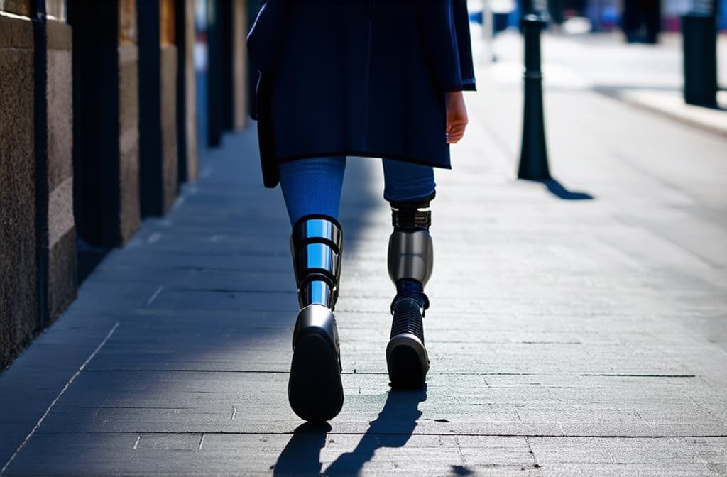  a woman with a prosthetic leg walks along a city sidewalk. minimalism style ar 3:2 {prompt}, maximum details