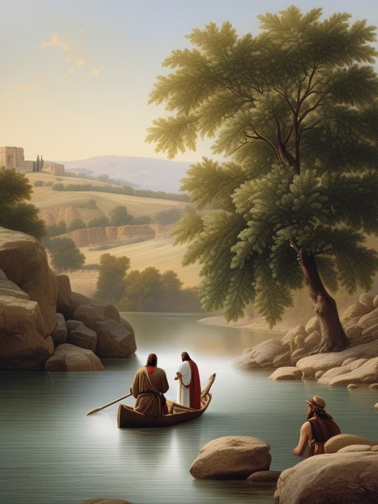  John the Baptist facing Jesus in the river Jordan . Close up view.