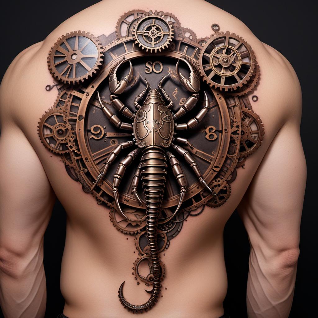  Steampunk inspired tattoo of the zodiac sign Scorpio. The design should include elements such as gears, cogs, steam pipes, and metallic textures, creating a mechanical look. The Scorpio symbol or a scorpion can be integrated into the design, with the steampunk elements enhancing its features. hyperrealistic, full body, detailed clothing, highly detailed, cinematic lighting, stunningly beautiful, intricate, sharp focus, f/1. 8, 85mm, (centered image composition), (professionally color graded), ((bright soft diffused light)), volumetric fog, trending on instagram, trending on tumblr, HDR 4K, 8K