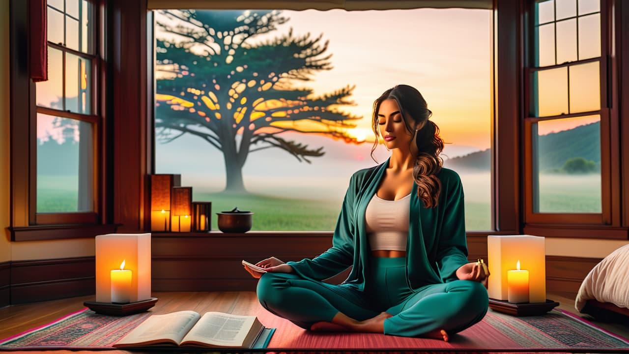  a serene sunrise over a peaceful bedroom, featuring a cozy bed with soft linens, an open journal, a steaming cup of tea, yoga mat, and a glowing candle, all embodying tranquility and mindfulness. hyperrealistic, full body, detailed clothing, highly detailed, cinematic lighting, stunningly beautiful, intricate, sharp focus, f/1. 8, 85mm, (centered image composition), (professionally color graded), ((bright soft diffused light)), volumetric fog, trending on instagram, trending on tumblr, HDR 4K, 8K