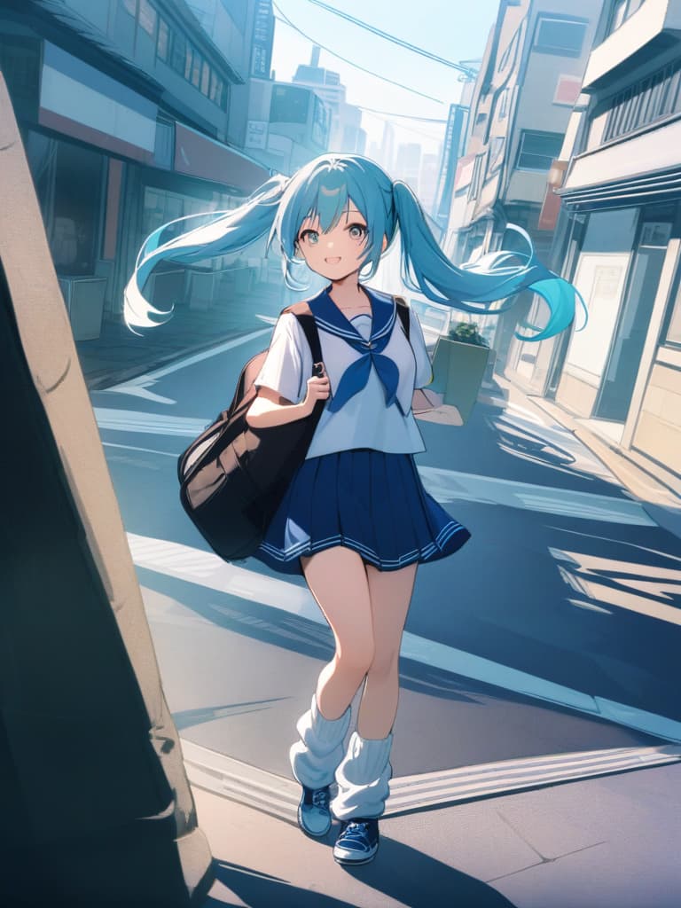   s, uniforms, sailor uniforms, mini s, light blue hair twin tails, cute smiles, backpacks, ultra long loose socks, bottom sneakers, whole city, in the city,