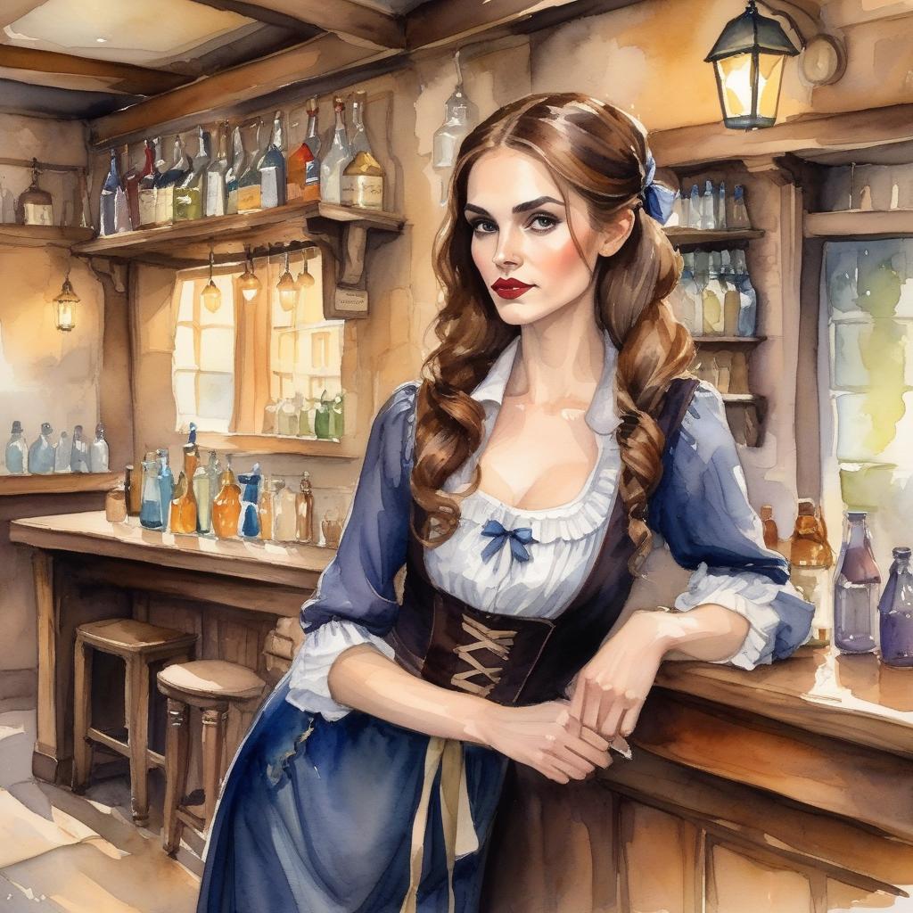  watercolor painting a vampire with long brown hair tied in ribbon in a tavern behind a counter in dirty clothes . vibrant, beautiful, painterly, detailed, textural, artistic