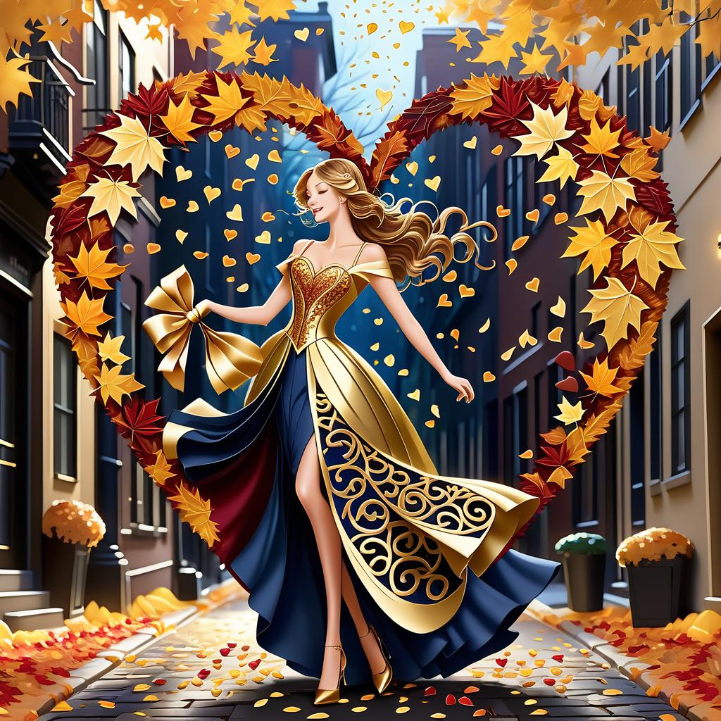  luxury product style on a carpet of yellow leaves in a simple dress of wind given crepe autumn danced a waltz boston in an alleyway. the warm day flew away and the saxophone sang hoarsely. (background of the card): falling autumn leaves, a whirlwind of autumn leaves, wind saxophone, ((a box of chocolates, the inscription "autumn waltz")) , a greeting card. (heart), a beautiful figure made of contours in the shape of a heart. (heart colour): night sky background, stars, gold pattern. (style):fantasy, autumn art, autumn romance. (colours):gold, green gold, navy blue, red, red gold, brown gold, silver, golden blue, bluish blue, dark blue on gold . elegant, sophisticated, high end, luxurious, professional, highly detailed