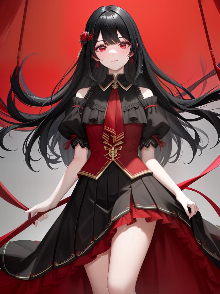  black hair, red hanging skirt, masterpiece, best quality,8k,ultra detailed,high resolution,an extremely delicate and beautiful,hyper detail