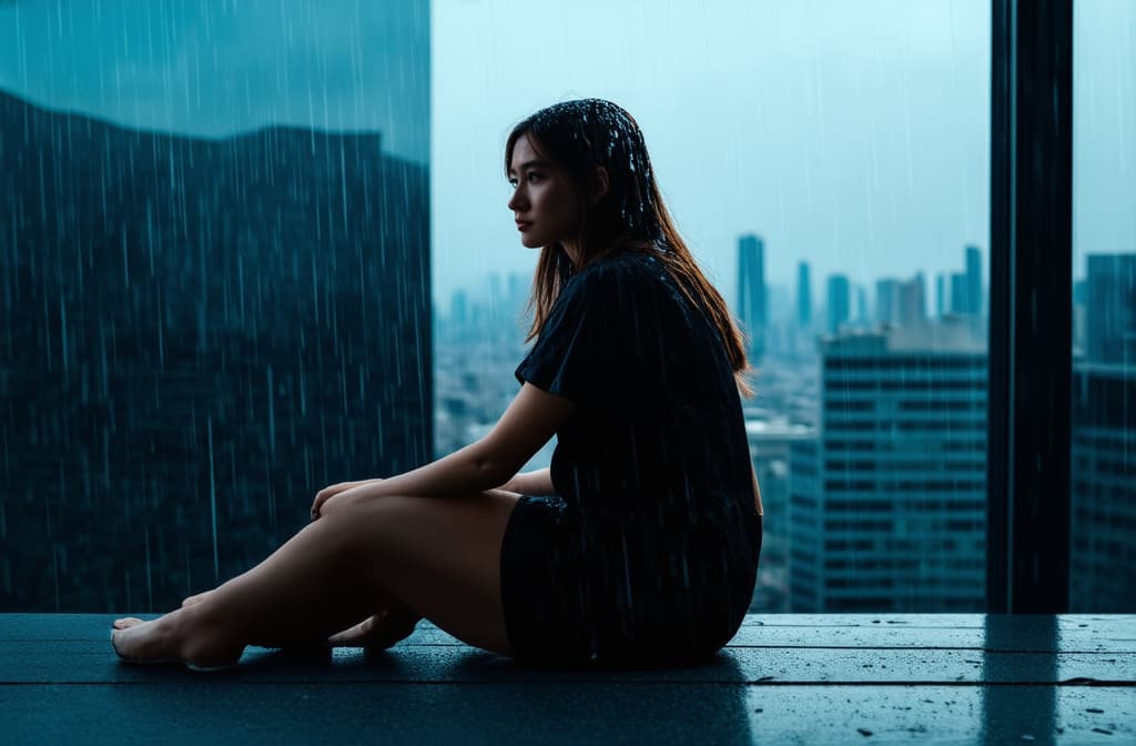  cinematic film style, sadly female sitting with her back all soaked on the roof of the skyscraper, she looks into the distance, it's raining ar 3:2, shallow depth of field, vignette, maximum details, high budget hollywood movie, bokeh, cinemascope, moody, epic, gorgeous, sun rays and shadows on furniture and surfaces, flattering light, raw photo, photography, photorealistic, 8k resolution, f1.4, sharpened focus, sharp focus