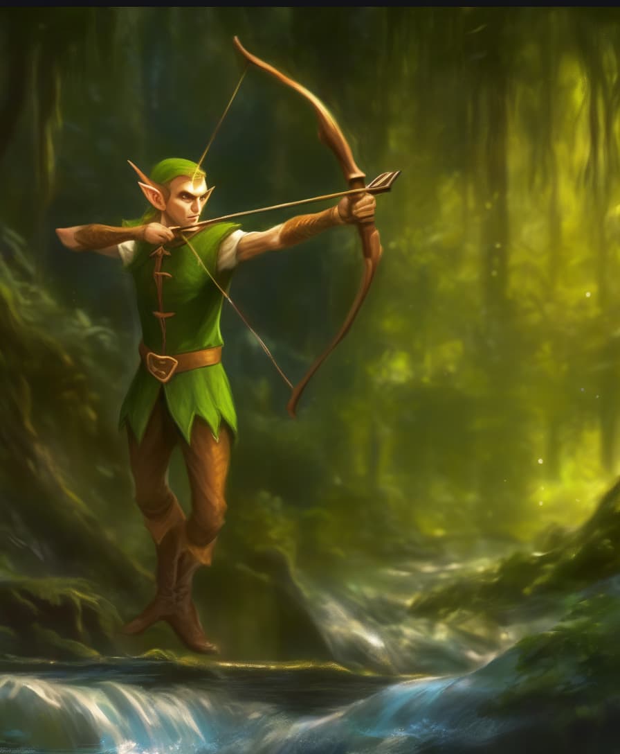  concept art an elf shoots a bow in a dark forest, standing on the ankle in the water. view from below . digital artwork, illustrative, painterly, matte painting, highly detailed, oil painting