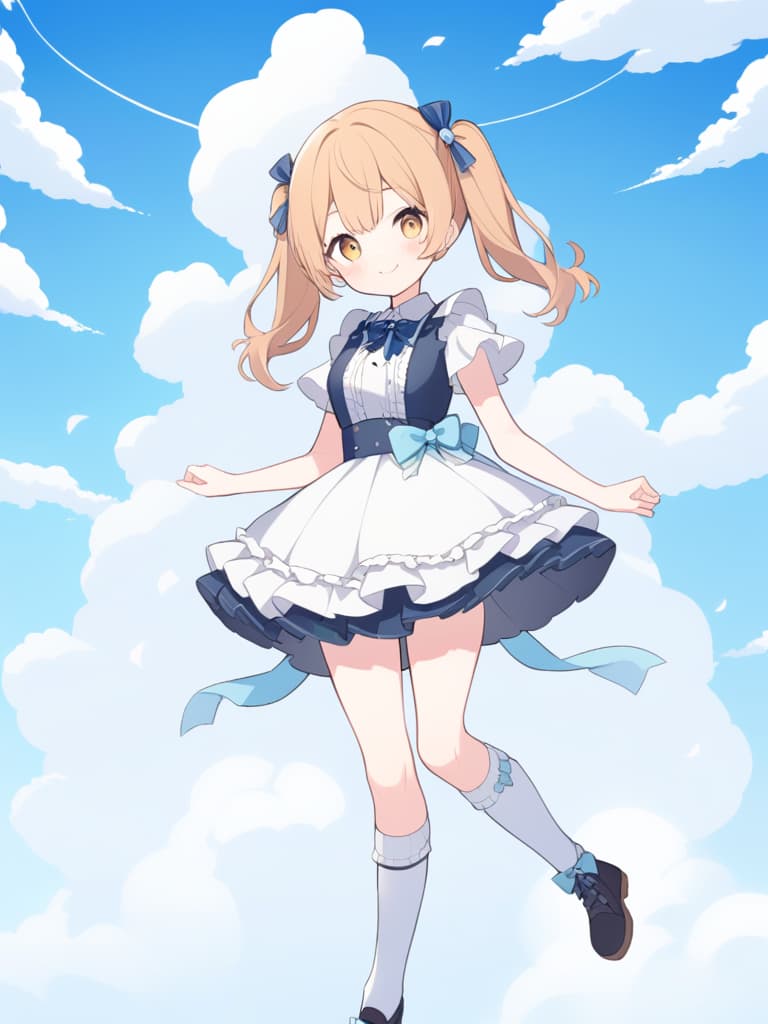  "create an ilration of a cute wearing knee high socks and a with lots of frills. she should be depicted with a bright smile,jumping lightly. the background should feature a clear blue sky with clouds,conveying a cheerful and fun atmosphere. the 's hairstyle should be twin tails with ribbons to enhance her cuteness."