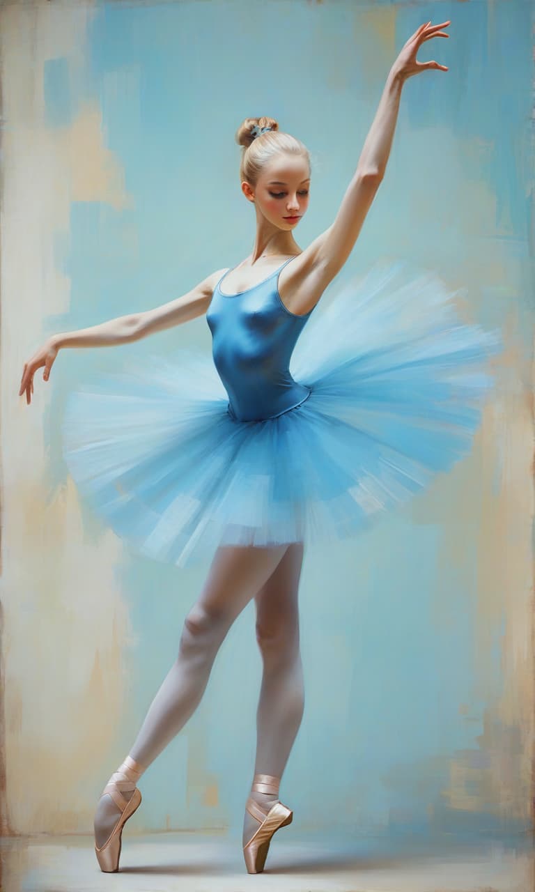  retro game art a very slender ballerina in a blue with a silvery tint pack, dances on pointes, her hair is blonde, laid in a high hairstyle, a blue ribbon is tied on her head, the girl is very beautiful in a half profile, full height, a beautiful pose in dance. painting, large strokes, acrylic, blurred background. degas style. . 16 bit, vibrant colors, pixelated, nostalgic, charming, fun