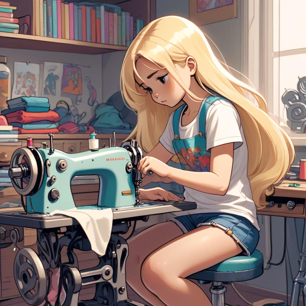  colored comic book image. a little girl with long blonde hair gathered in a tail sits on the side behind a sewing machine. she's wearing a t shirt and shorts. room in a cozy style, side view, the girl is focused sewing a dress