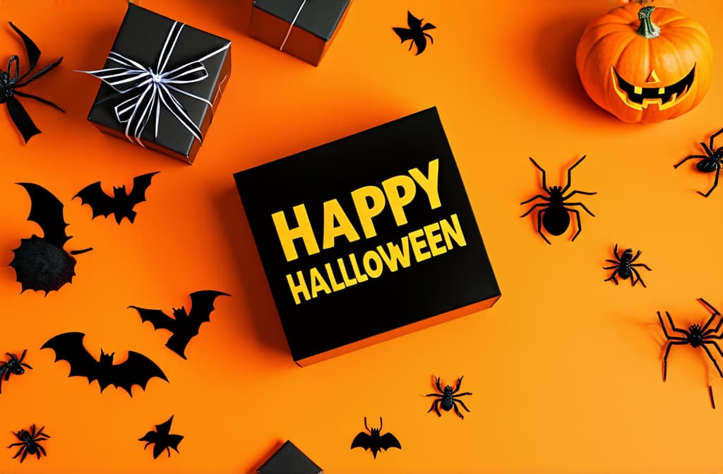  happy halloween holiday greeting card background. flat lay gift boxes, set of halloween symbols spiders, bats, pumpkin, party decorations on orange background ar 3:2 {prompt}, maximum details