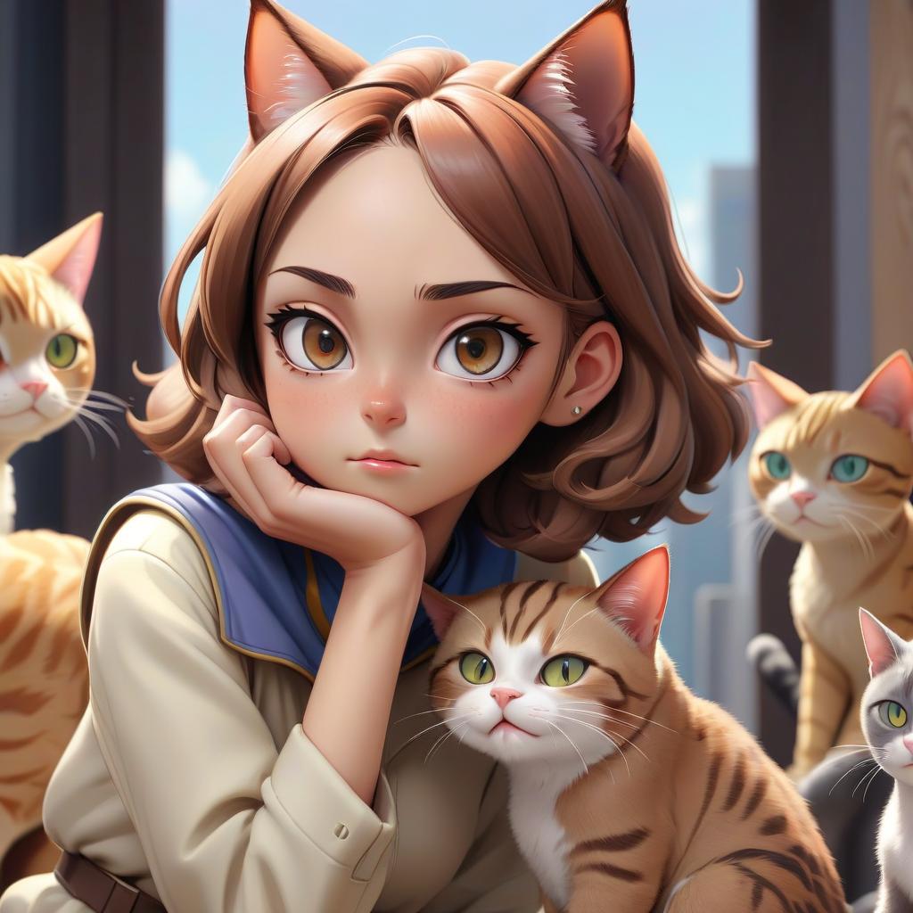  anime artwork a girl with brown hair and a kara on the head of a cat's ear . anime style, key visual, vibrant, studio anime, highly detailed, sticker