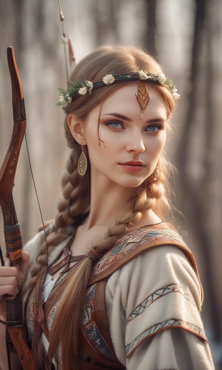  a very beautiful lady in a warm atmosphere is an archer, a beautiful slavic face, in full growth.