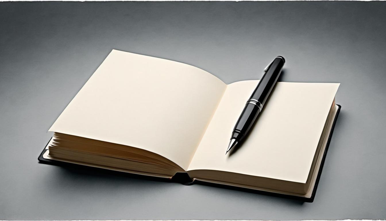  （surrealism)a blank book with a pen poised above it, shadow of a hand about to write, background elements suggesting personal space, anticipation, rewriting mystic, intricate details, best quality)