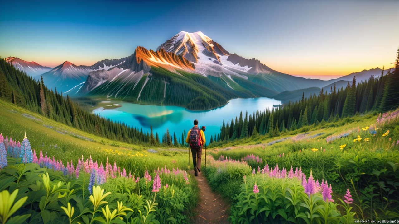  a breathtaking mountain landscape with diverse hikers traversing lush green trails, vibrant wildflowers, and towering peaks under a clear blue sky, interspersed with serene lakes and dense forests in the background. hyperrealistic, full body, detailed clothing, highly detailed, cinematic lighting, stunningly beautiful, intricate, sharp focus, f/1. 8, 85mm, (centered image composition), (professionally color graded), ((bright soft diffused light)), volumetric fog, trending on instagram, trending on tumblr, HDR 4K, 8K