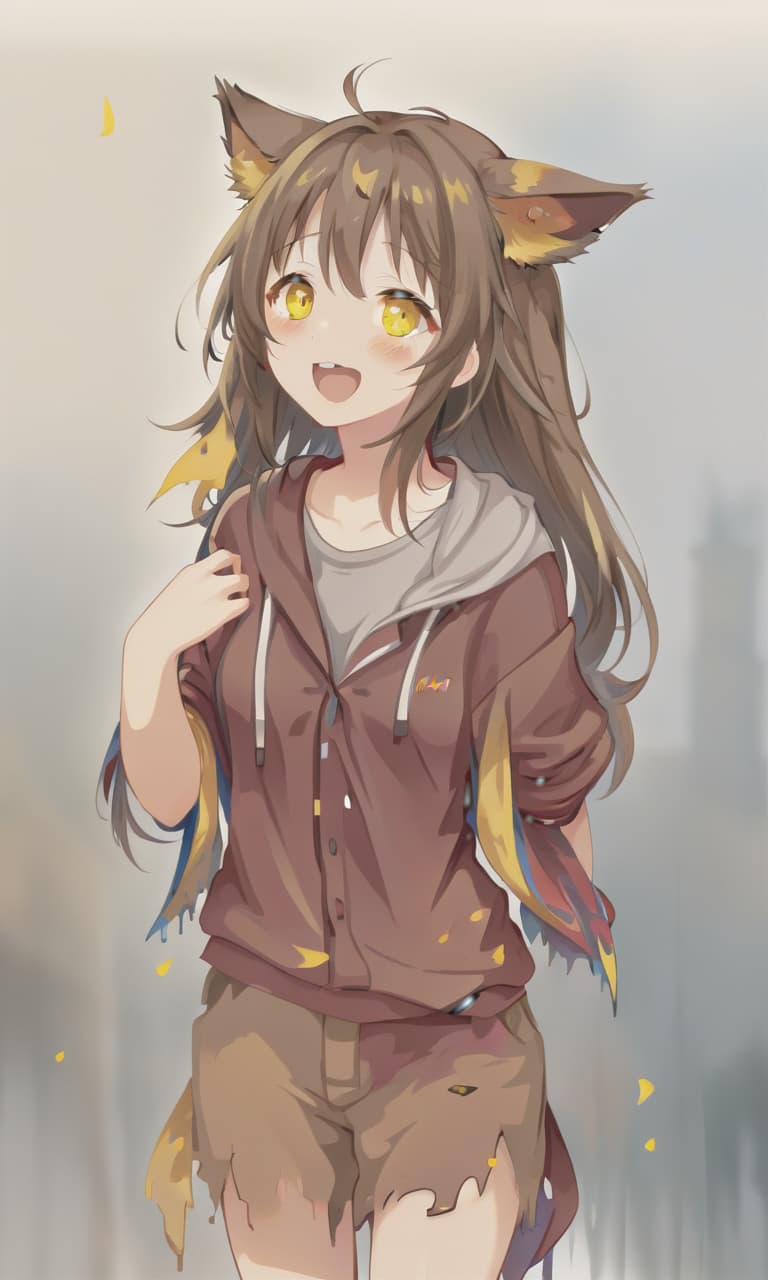  torn clothes, joyful look, yellow eyes, brown hair, brown ears