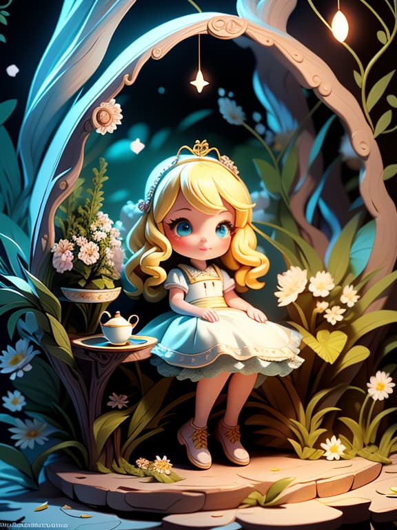  master piece, best quality, ultra detailed, highres, 4k.8k, blonde with a blue and white apron., exploring the surreal surroundings,, curious and intrigued., break alice in wonderland themed ilration., enchanted forest., tea set, oversized flowers, mysterious key., break magical and whimsical., soft lighting, dreamy ambiance.,