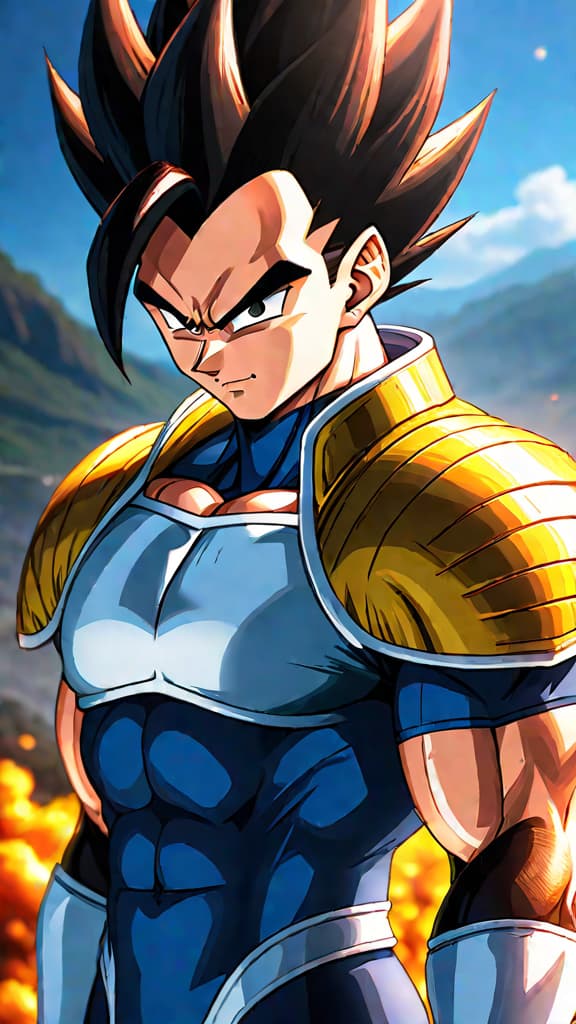  anime art: vegeta from dragon ball achieves super saiyan form through sheer willpower and determination. hyperrealistic, full body, detailed clothing, highly detailed, cinematic lighting, stunningly beautiful, intricate, sharp focus, f/1. 8, 85mm, (centered image composition), (professionally color graded), ((bright soft diffused light)), volumetric fog, trending on instagram, trending on tumblr, HDR 4K, 8K