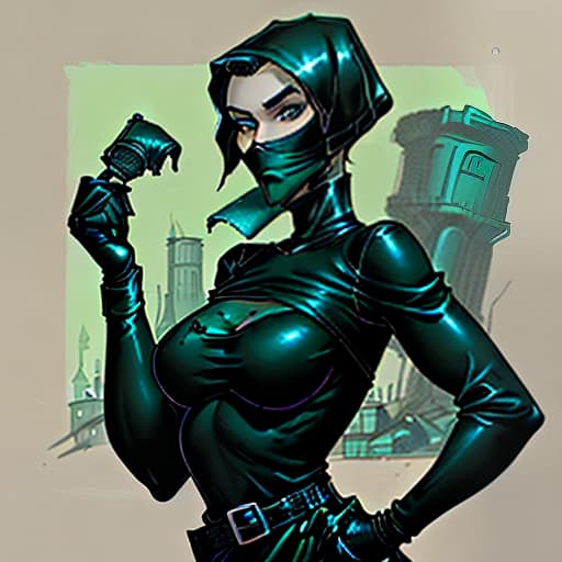  a girl of medium height, large s, black and green short hair, blue eyes, dressed only in black , with her hands covers a large , a robber, fantasy, a robber, a dirty.