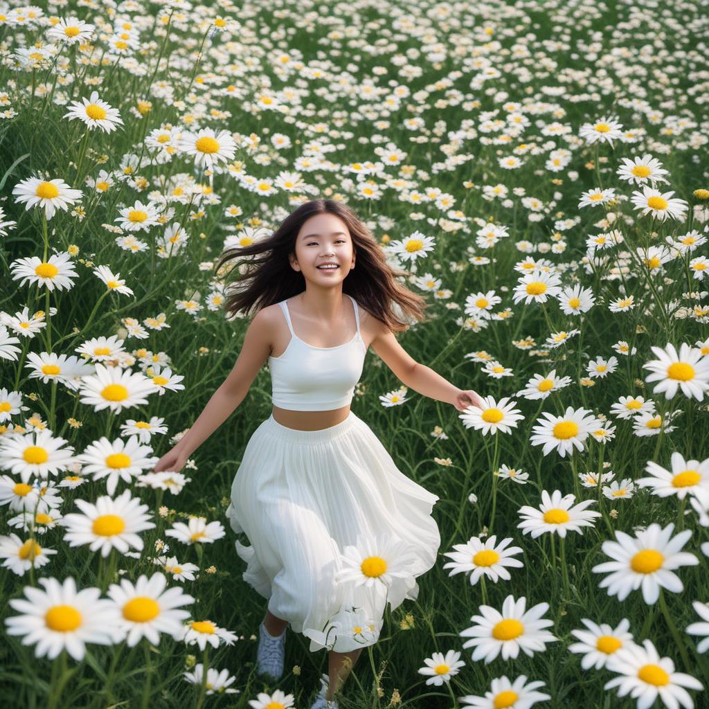  girl running through fields of endless daisies, profile image style