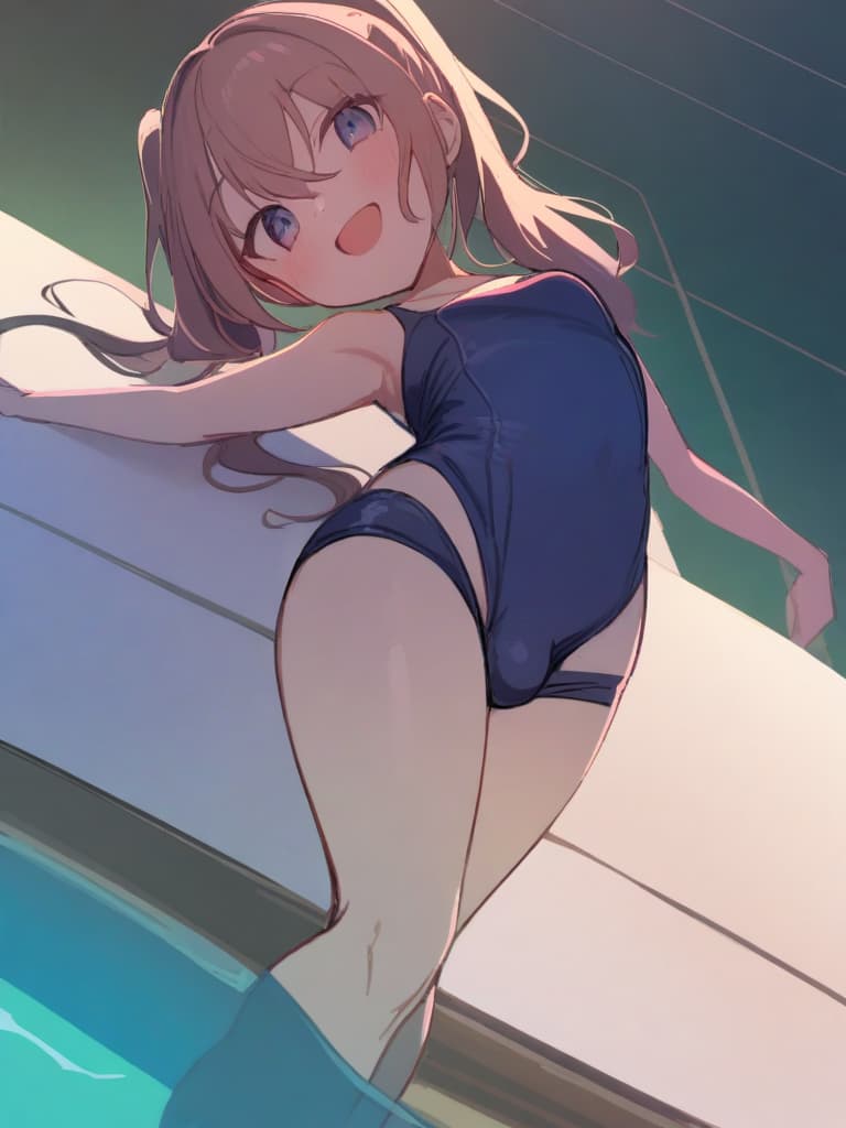  women's elementary students (male), twin tails, cute smiles, (rich s), short stature, dark blue swimwear, old swimwear, swimwear, simple, (upward), upward, (bulge), front, whole body, pool side ,,,