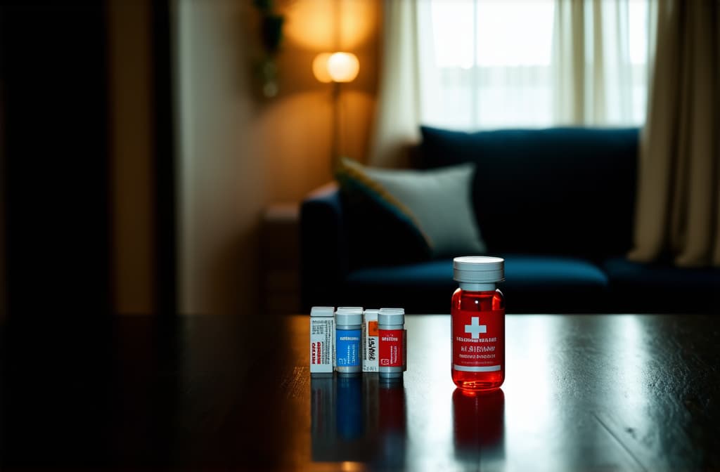  cinematic film style, a set of medicines from the first aid kit is on the table in the living room. in the background, you can see the interior of the room and the light from the window. ar 3:2, shallow depth of field, vignette, maximum details, high budget hollywood movie, bokeh, cinemascope, moody, epic, gorgeous, sun rays and shadows on furniture and surfaces, flattering light, raw photo, photography, photorealistic, 8k resolution, f1.4, sharpened focus, sharp focus