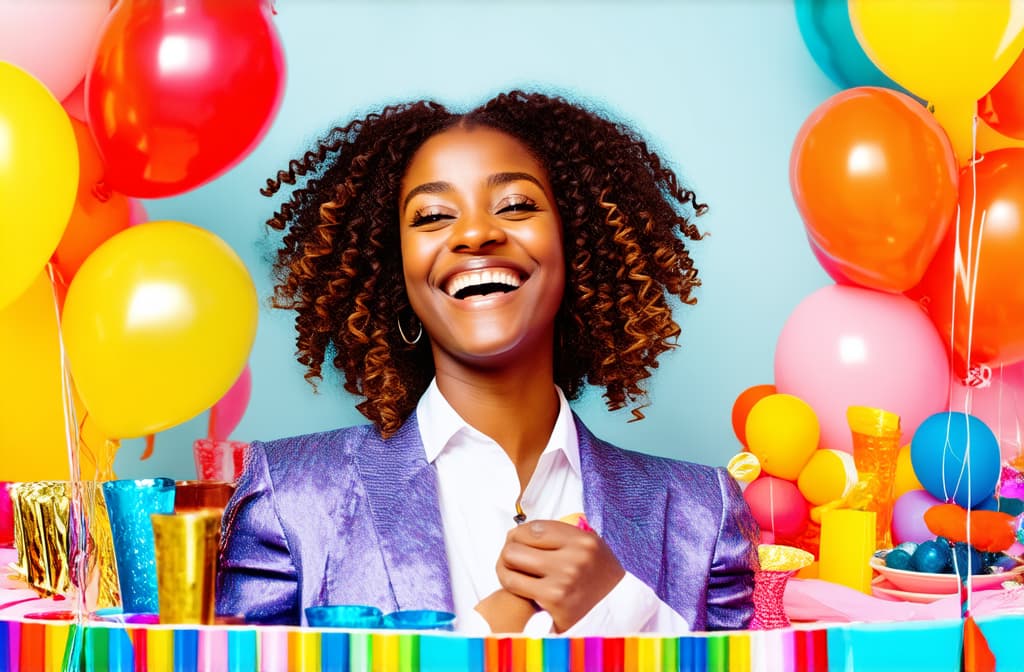  professional detailed photography, generative ai illustration of a happy girl with curly hair in elegant clothes smiling and looking at balloons during a nerd party 3:2 ar 3:2, (muted colors, dim colors, soothing tones), (vsco:0.3)