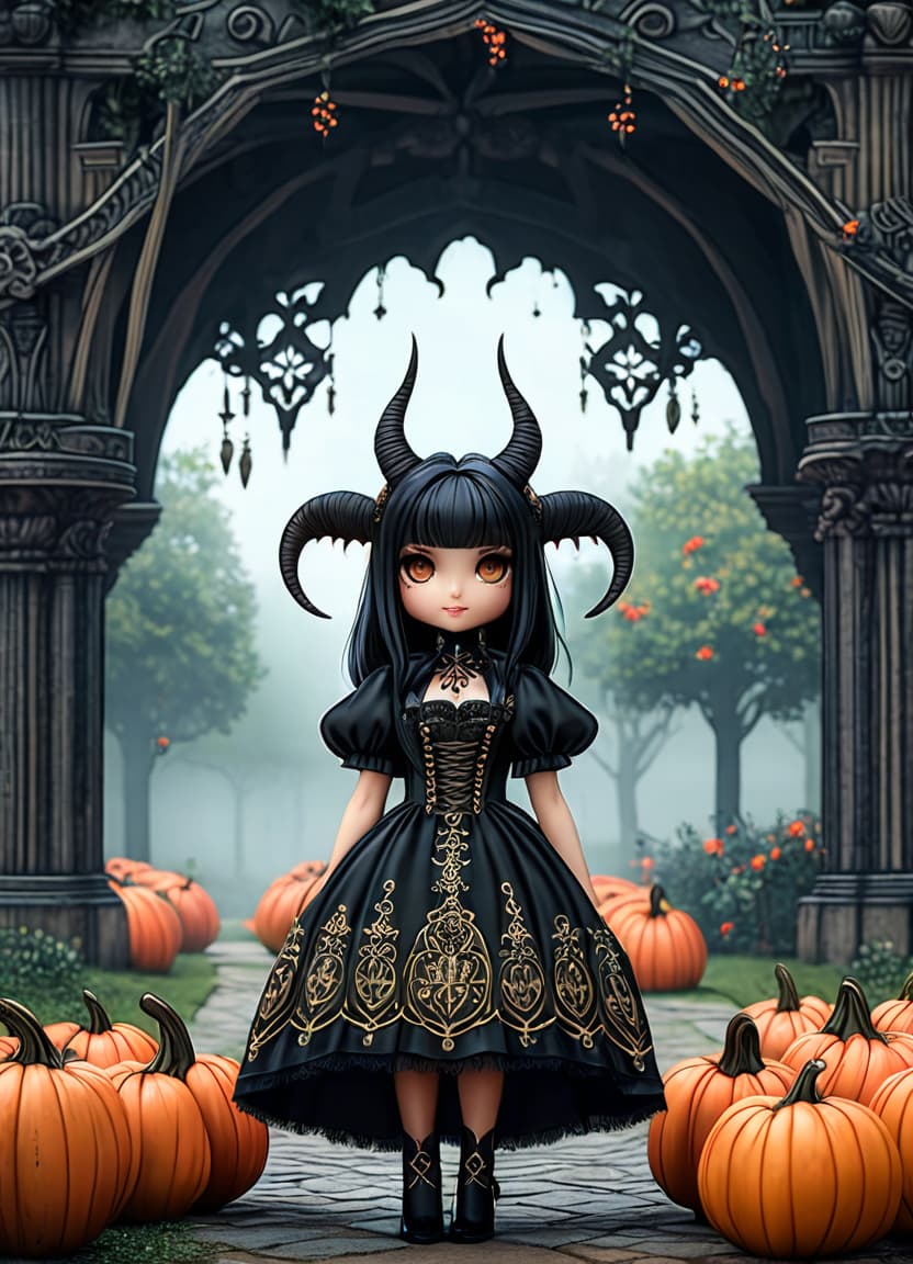  best quality, hd, coloring book page a little monster girl with adorable horns and a shy smile, playing in a park full of smiling pumpkins and flowers with skulls. her dress has gothic details. the atmosphere is creepy but charming. kawaii style all with well defined lines and a creepy but sweet touch. hyperrealistic, full body, detailed clothing, highly detailed, cinematic lighting, stunningly beautiful, intricate, sharp focus, f/1. 8, 85mm, (centered image composition), (professionally color graded), ((bright soft diffused light)), volumetric fog, trending on instagram, trending on tumblr, HDR 4K, 8K