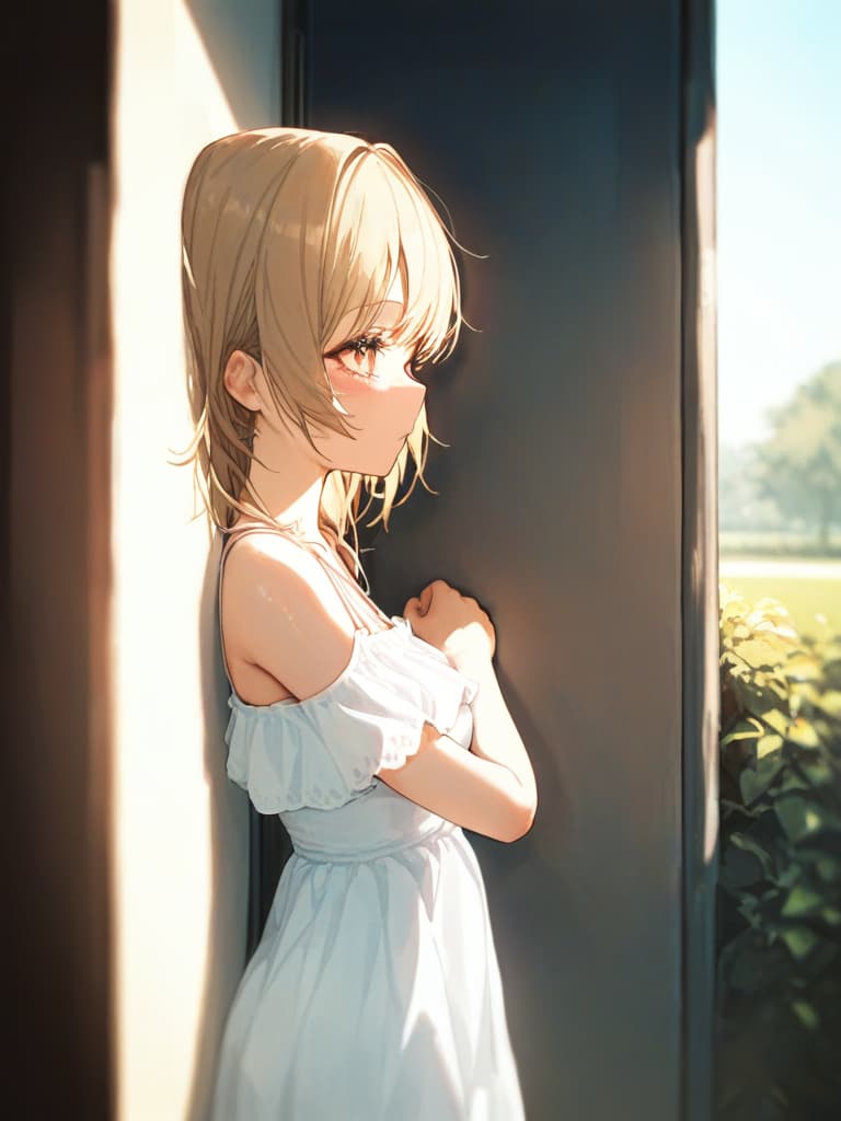  a girl who leans on a white frilled dress swimwear, back, blonde twin tail, wall lean on the wall, masterpiece, best quality,8k,ultra detailed,high resolution,an extremely delicate and beautiful,hyper detail