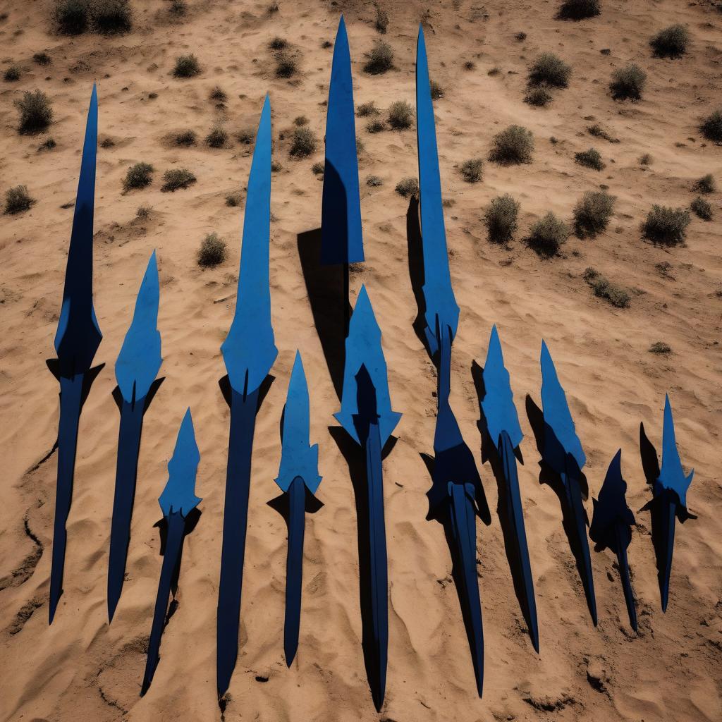  the blue spear is stuck in the ground, exactly eight identical silhouettes are standing around it