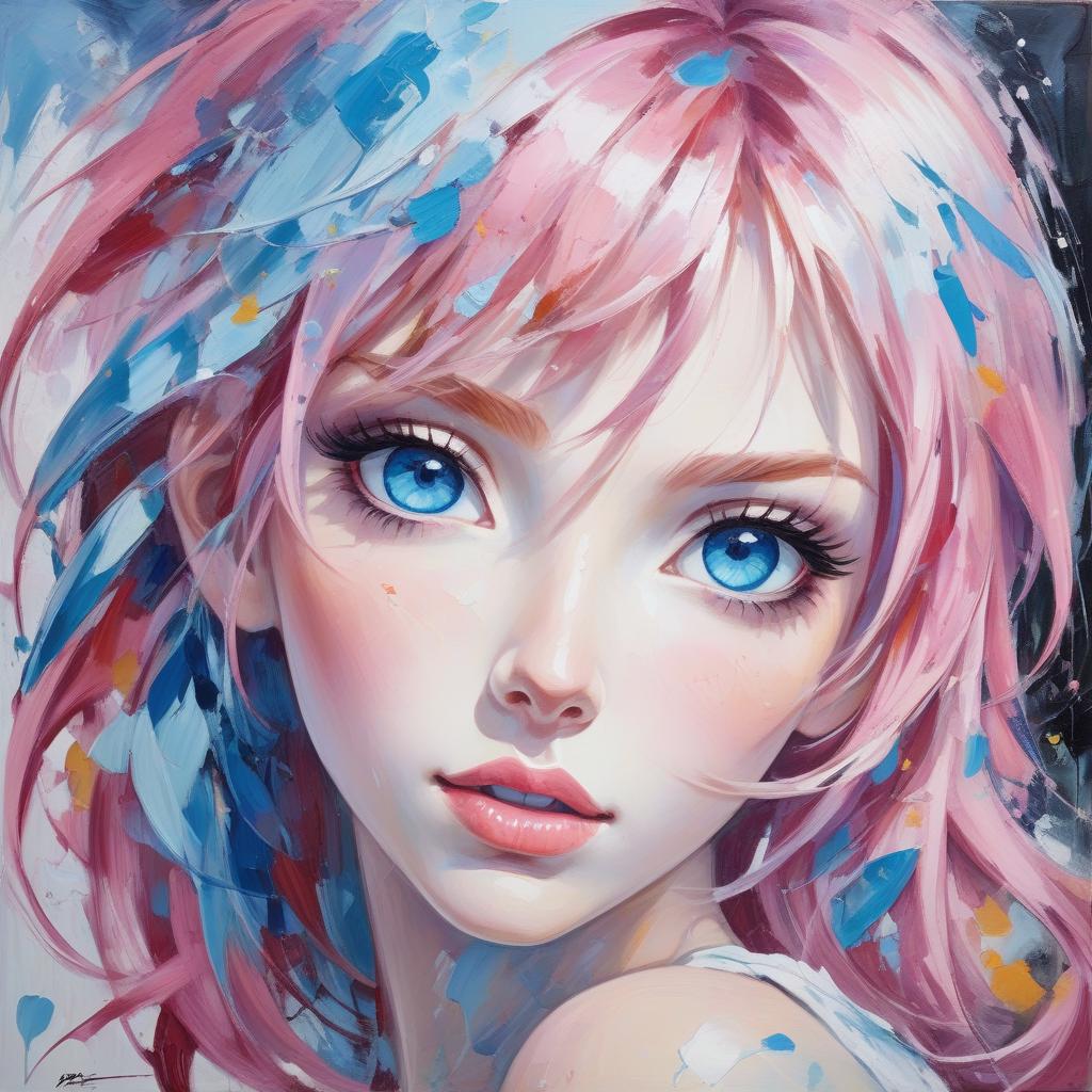  (expressive oil painting:1.3) (palette knife strokes:1.2), featuring a breathtaking (anime beauty:1.3) with (radiant pink hair:1.1) cascading around her (delicate features:1.2). her (blue eyes:1.3) sparkle with emotion, while her (parted lips:1.2) convey a sense of wonder. the composition intricately incorporates (canvas textures:1.3), creating a stunning (double exposure effect:1.2) where her visage merges with (dynamic abstract forms:1.2) that evoke a sense of movement and fluidity, enhancing the overall dreamlike atmosphere.