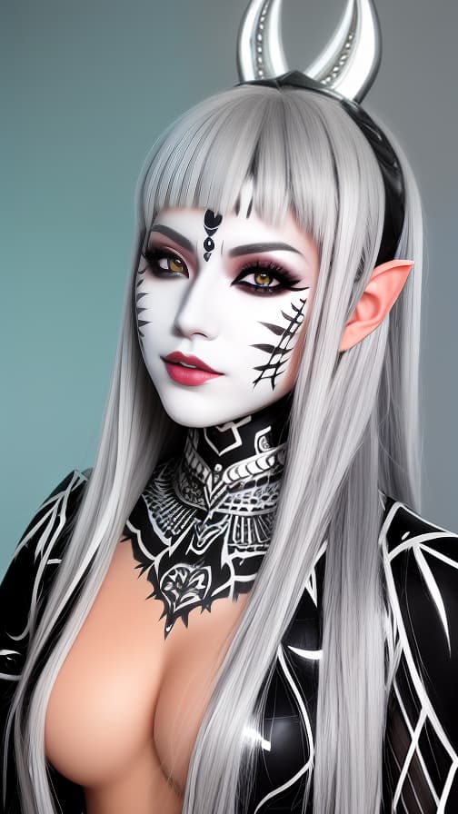  Chessboard check body paint in every corner of the body, Silver body paint all over the body,White face paint on the face, Dark elf 女性