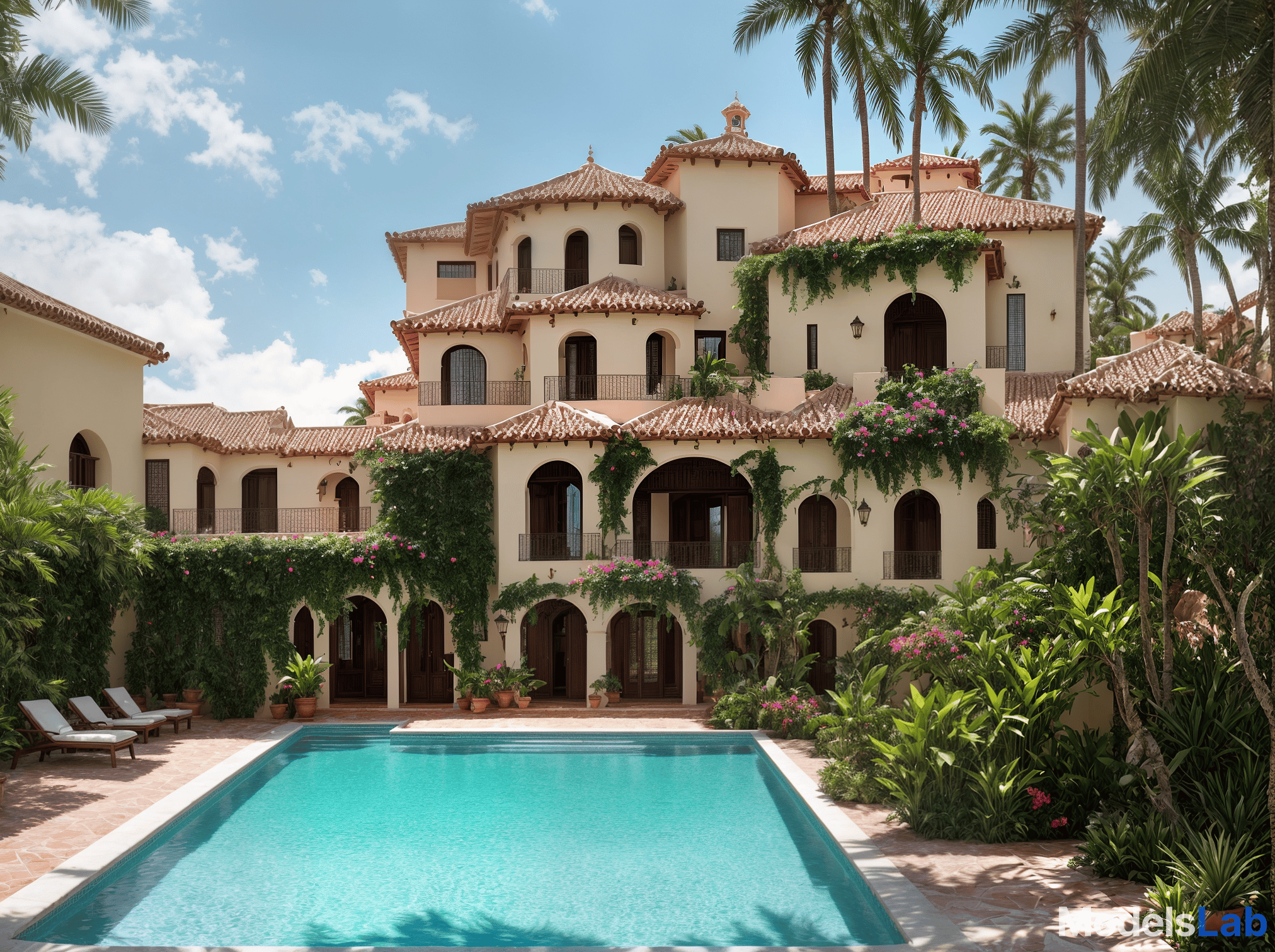  beautiful spanish style villa with tropical touch hyperrealistic, full body, detailed clothing, highly detailed, cinematic lighting, stunningly beautiful, intricate, sharp focus, f/1. 8, 85mm, (centered image composition), (professionally color graded), ((bright soft diffused light)), volumetric fog, trending on instagram, trending on tumblr, HDR 4K, 8K