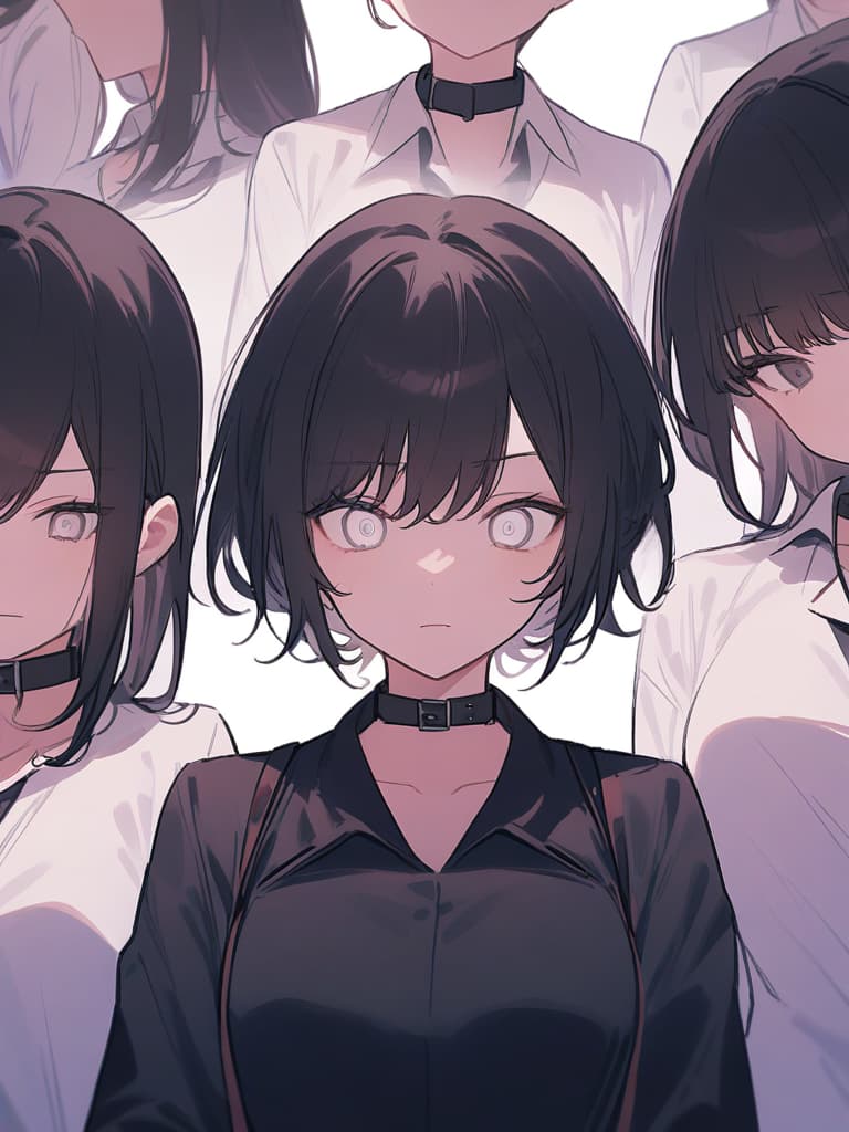  girls, white eyes, black collar, demon killing squad, swords, black hair with light blue mesh, cats, human eyes, human expression, white background