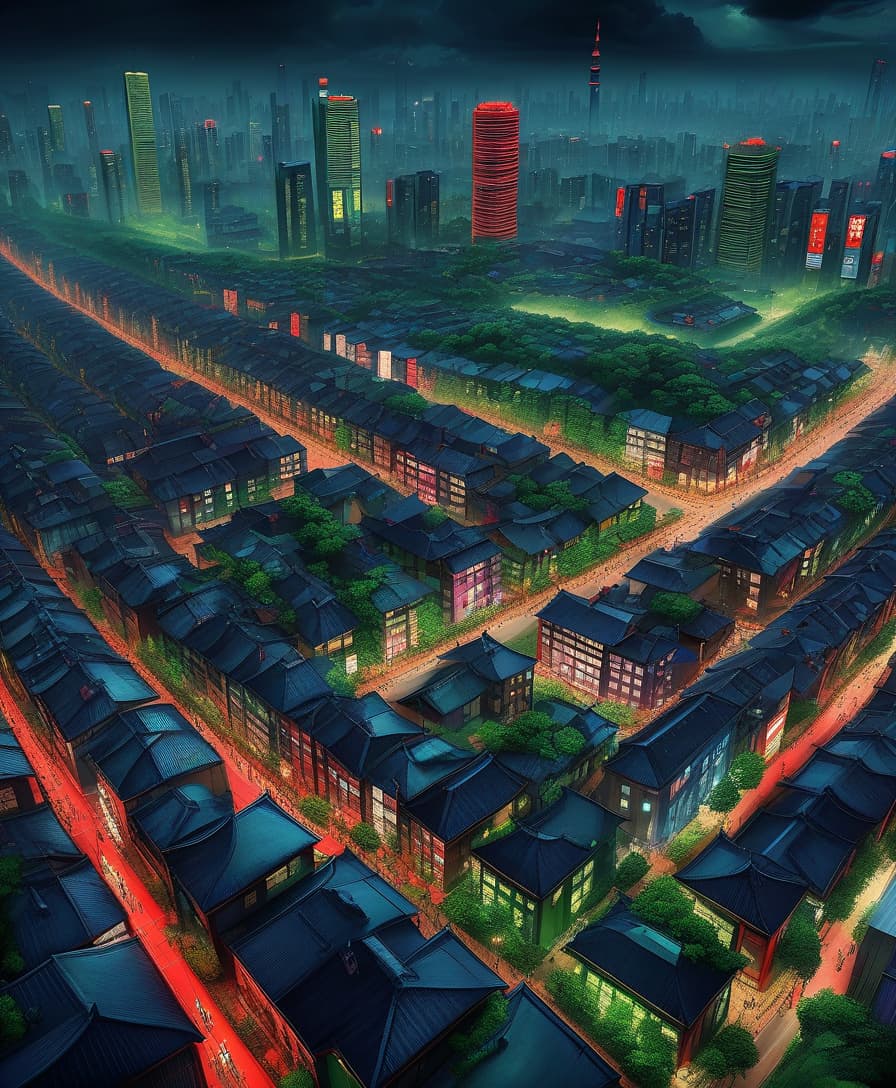  hyperrealistic art japan, chinese, night, dream, nightmare, darkness, green nature city, futuristic city, national city, colorful, massively, huge area, many details, red, green, black, blue, yellow, city, big city, 1920x1080 resolution, full hd v 4 stylization 500 . extremely high resolution details, photographic, realism pushed to extreme, fine texture, incredibly lifelike