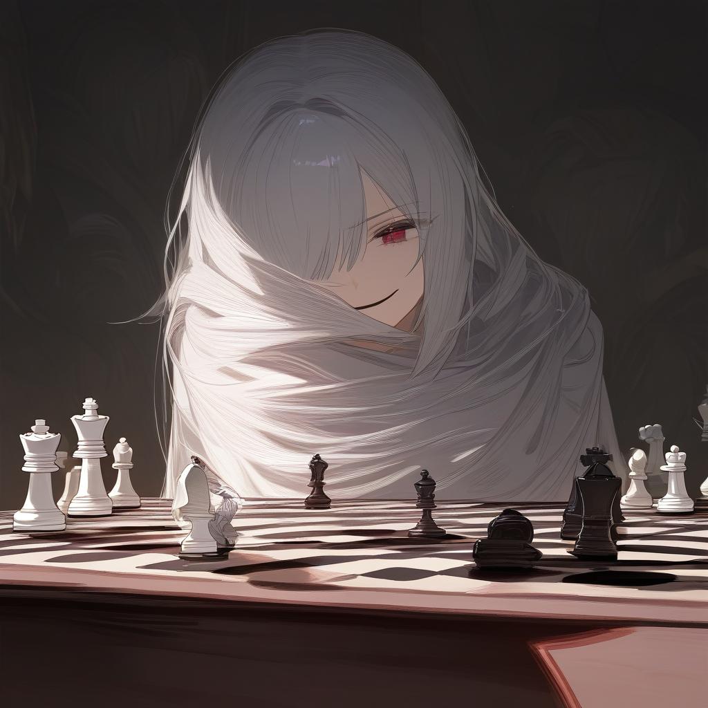  white hair anime woman with shadows hiding face, sitting in front of a table with a chess set on it,an evil smile on her face and only 1 eye is visible . best quality, high resolution