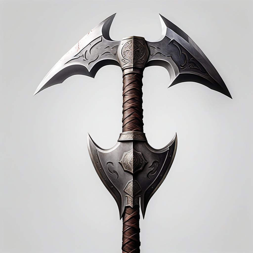  combat two handed heavy axe, long handle like a halberd, fully visible, aggressive wild, imposing appearance, white background