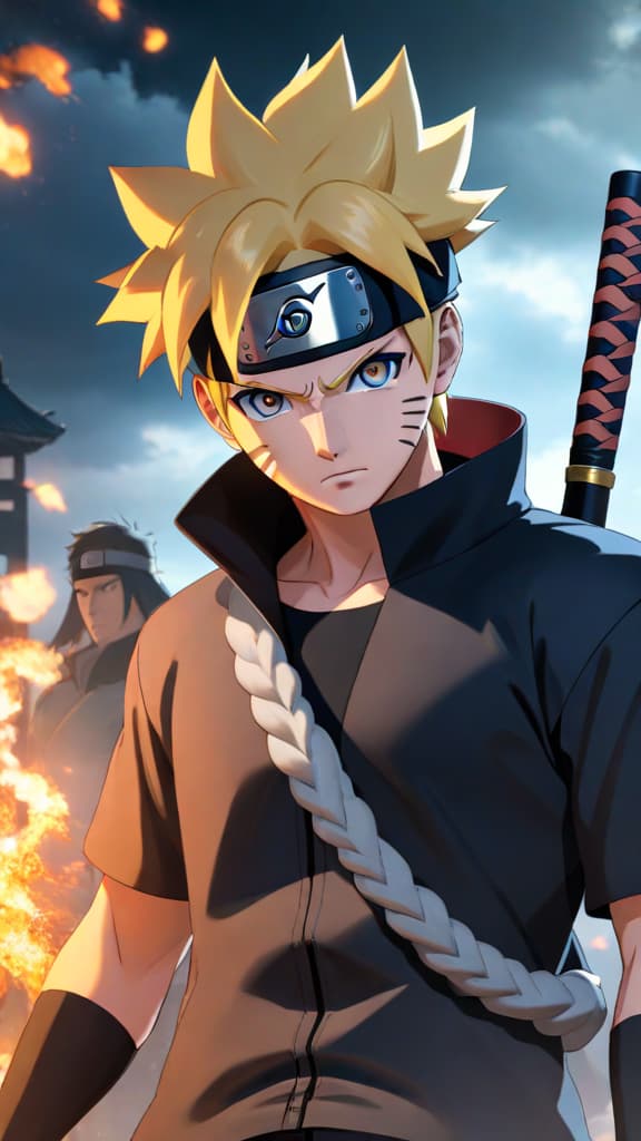  anime art: naruto and boruto confront world threatening challenges brought by the powerful otsutsuki clan. hyperrealistic, full body, detailed clothing, highly detailed, cinematic lighting, stunningly beautiful, intricate, sharp focus, f/1. 8, 85mm, (centered image composition), (professionally color graded), ((bright soft diffused light)), volumetric fog, trending on instagram, trending on tumblr, HDR 4K, 8K